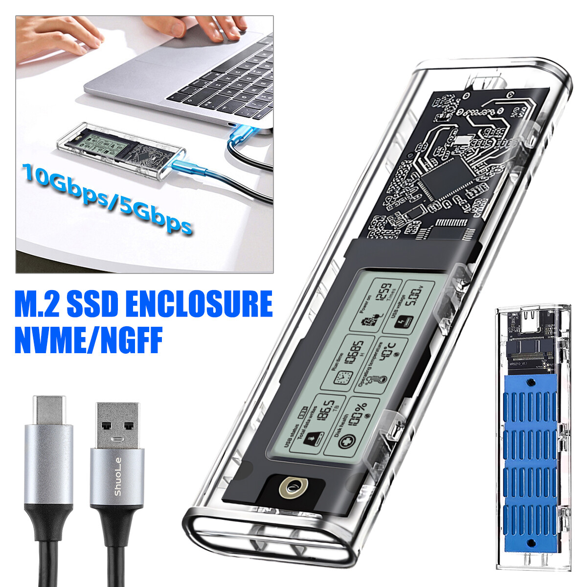 M.2 NVMe SATA SSD Hard Drive Enclosure USB Converter External Case Adapter