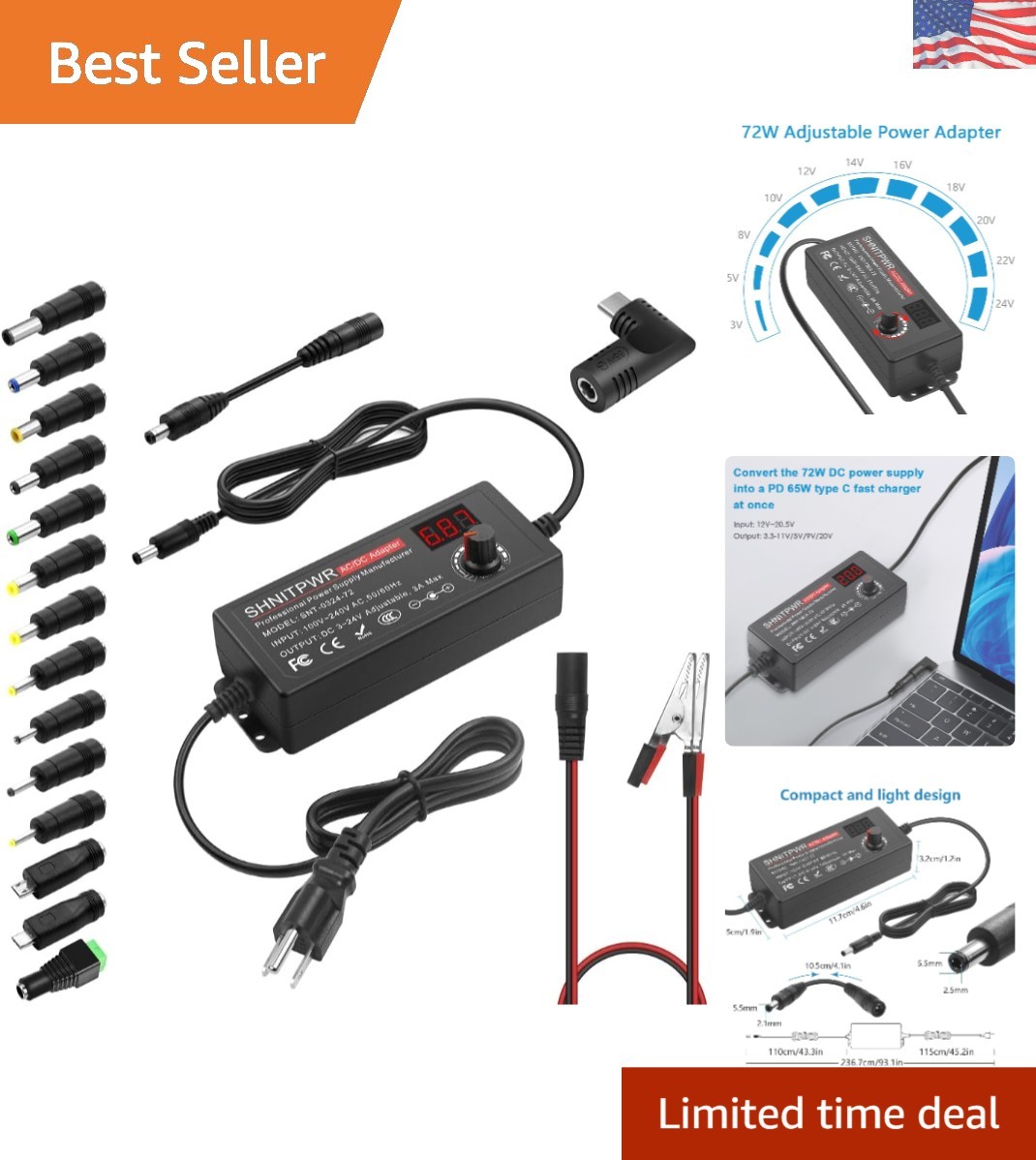 72W Adjustable Power Supply AC/DC Adapter with USB-C Fast Charging and 14 Tips