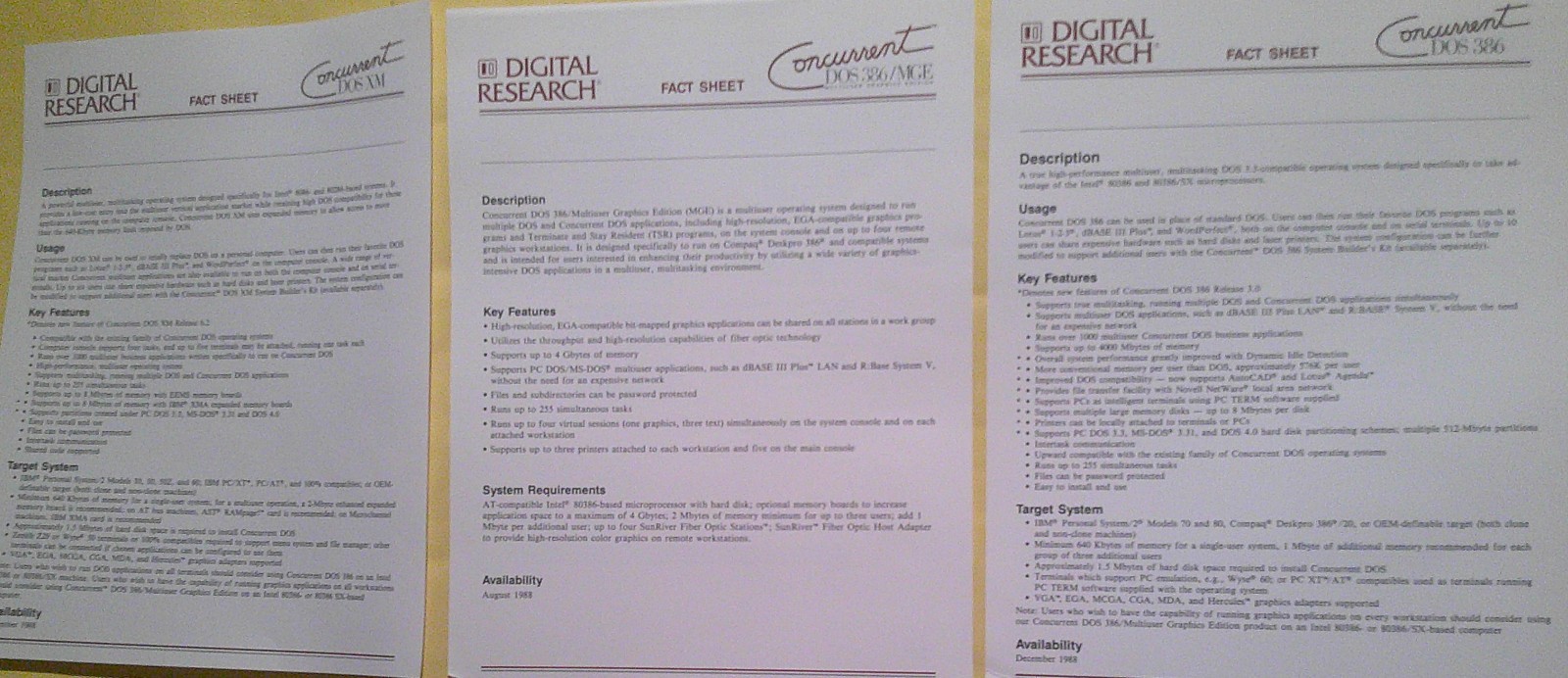 1988 Digital Research Fact Sheets: Concurrent DOS 386 multiuser operating system