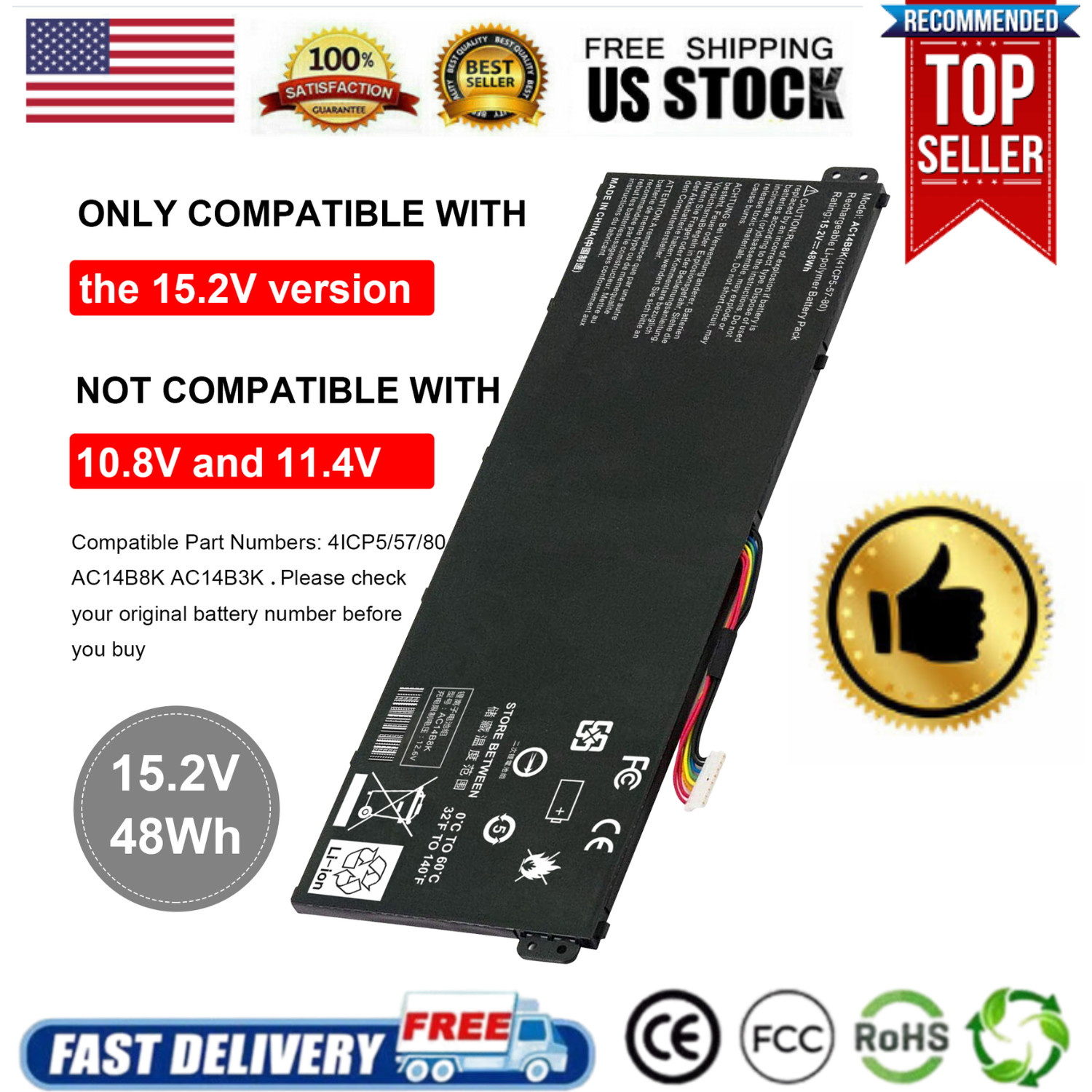 AC14B8K Laptop Battery For Acer Aspire R5-471T R5-571T R5-571TG N15W5 48Wh New