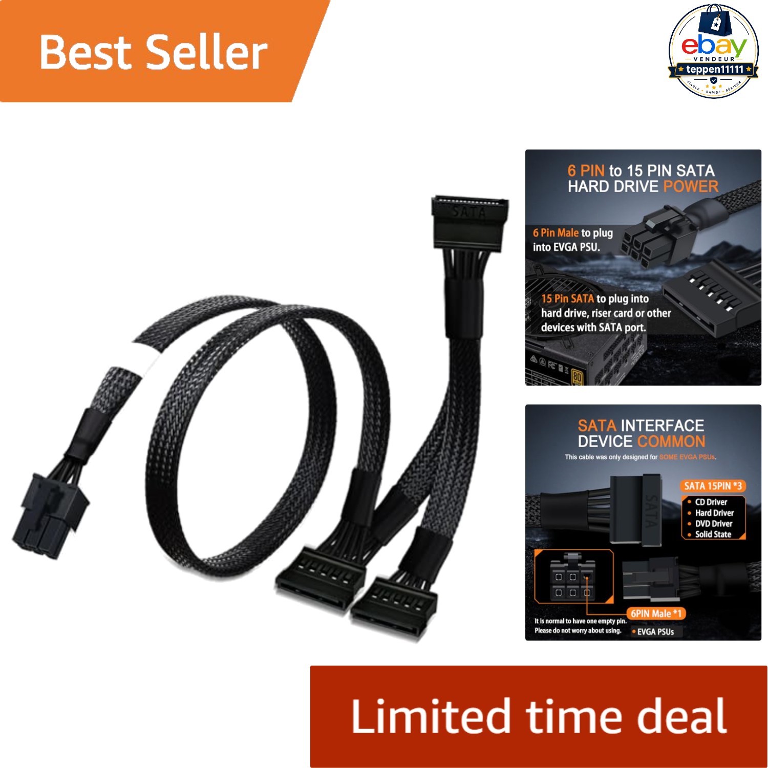 SATA Power Cable 6 Pin to 3X 15 Pin Adapter for EVGA Power Supplies