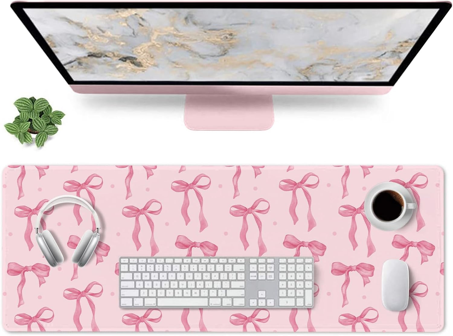 Pink Mouse Pad, Large Pink Desk Mat Bows Computer Mat, Gaming Keyboard and Mouse