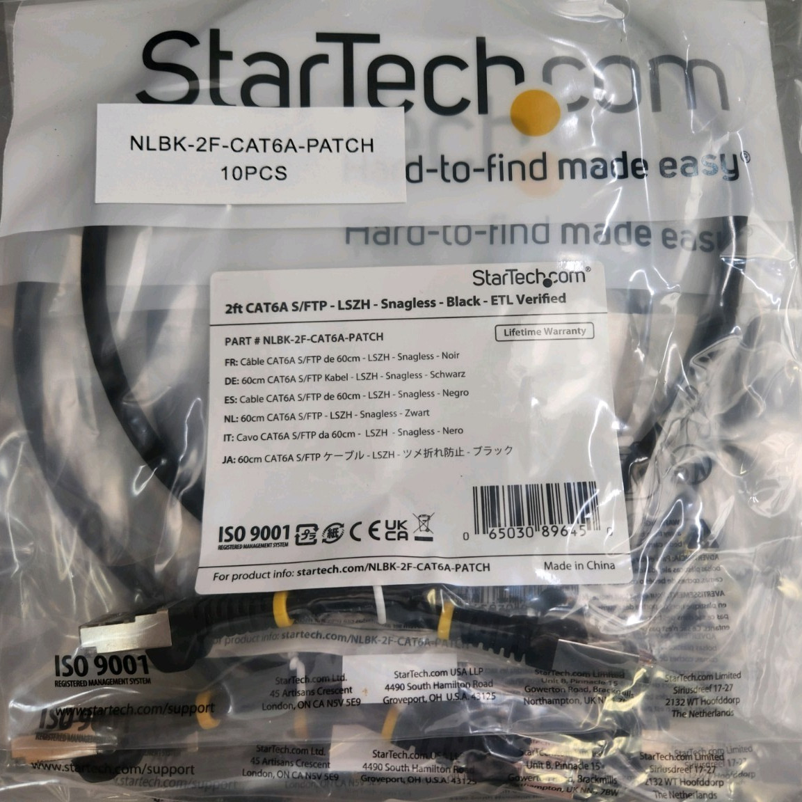10 pcs StarTech NLBK-2F-CAT6A  2 ft Ethernet Cable LSZH Snagless ETL Verified