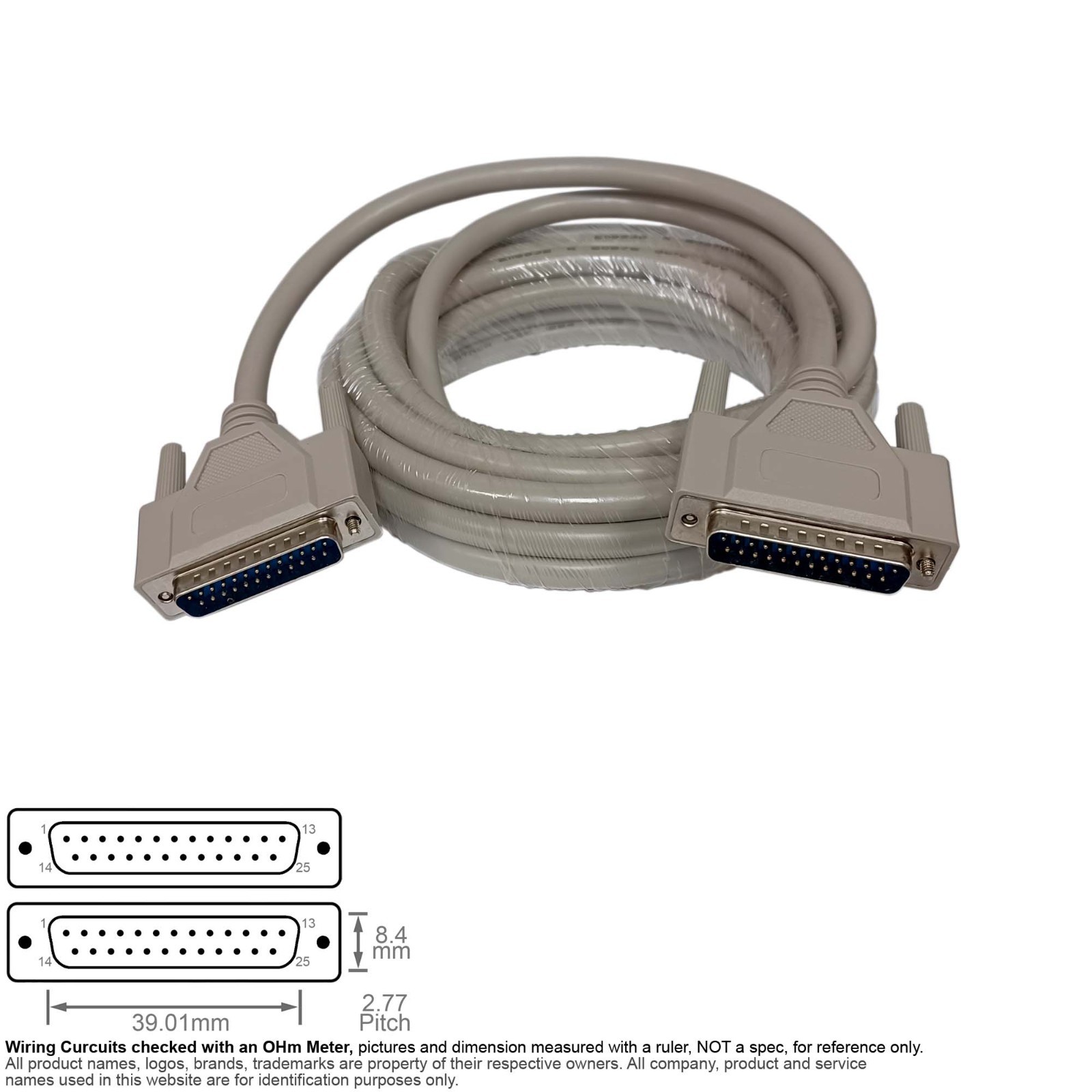 Cable Parallel Serial D-Sub DB25 DB 25 Pin IEEE Male Male Straight Thru 15FT