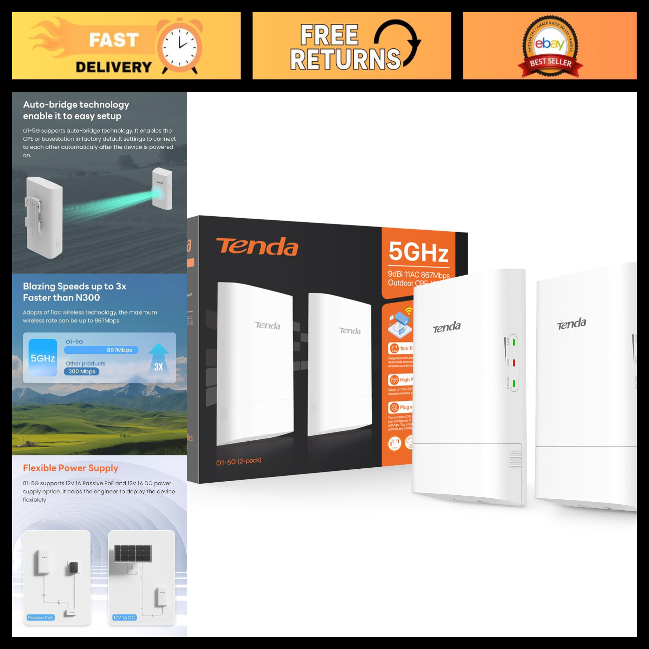 5GHz Point to Point Wireless Bridge Kit, 1KM Outdoor WiFi CPE, Long Range Connec