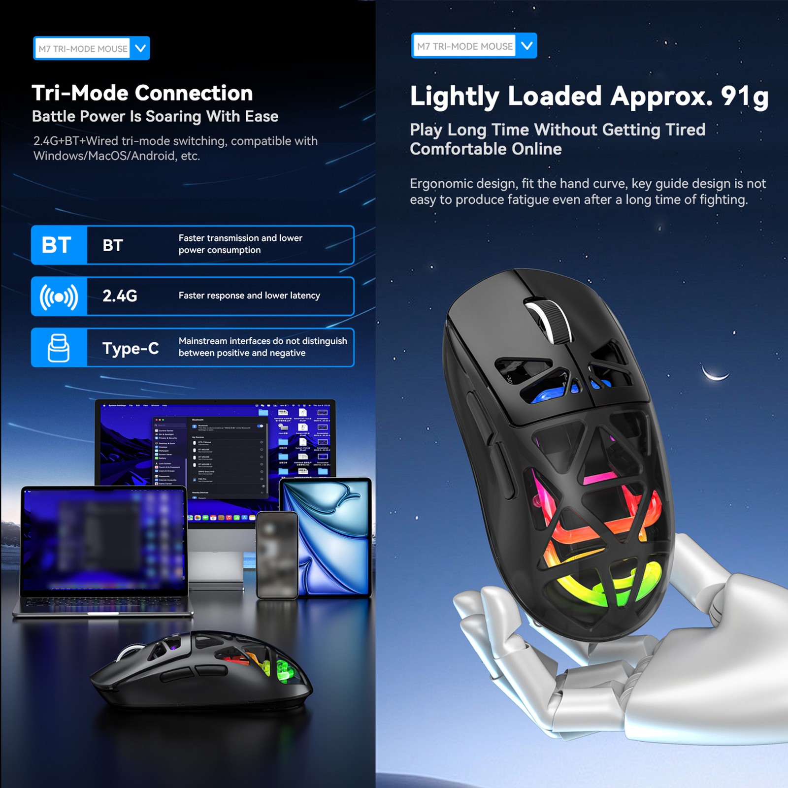 M7 Lightweight Gaming Mice With 3 Modes Connectivity For PC Laptop YOUE
