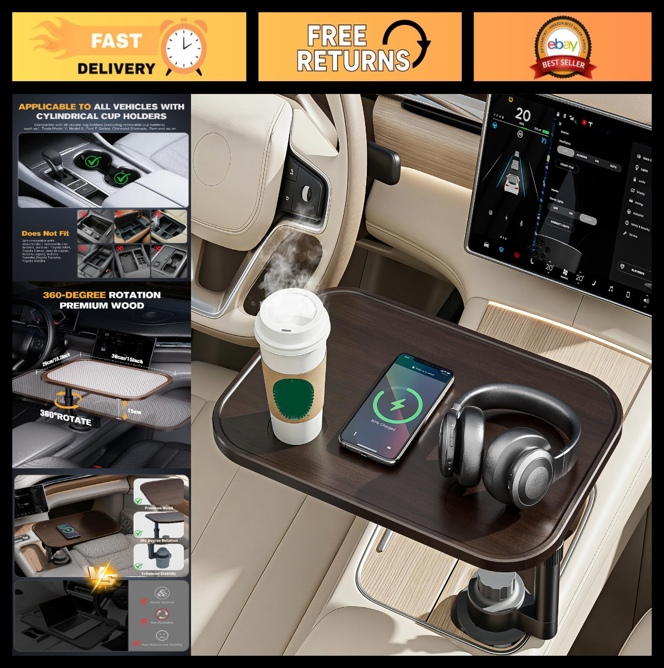 Adjustable Car Desk for Laptop & Food, 360° Rotating Cup Holder, Universal Fit