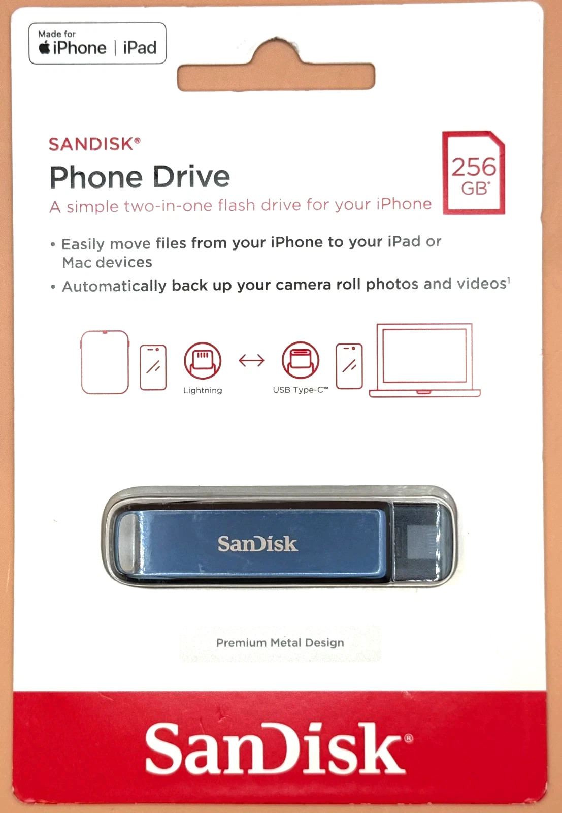 SanDisk 256GB Phone Drive Dual Flash USB-C & Lightning iPhone Mac Metallic Sky