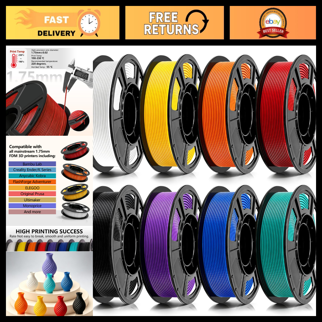 1.75mm PLA Filament 8 Color Bundle, 250g Spools, Dimensional Accuracy ±0.02mm, 3
