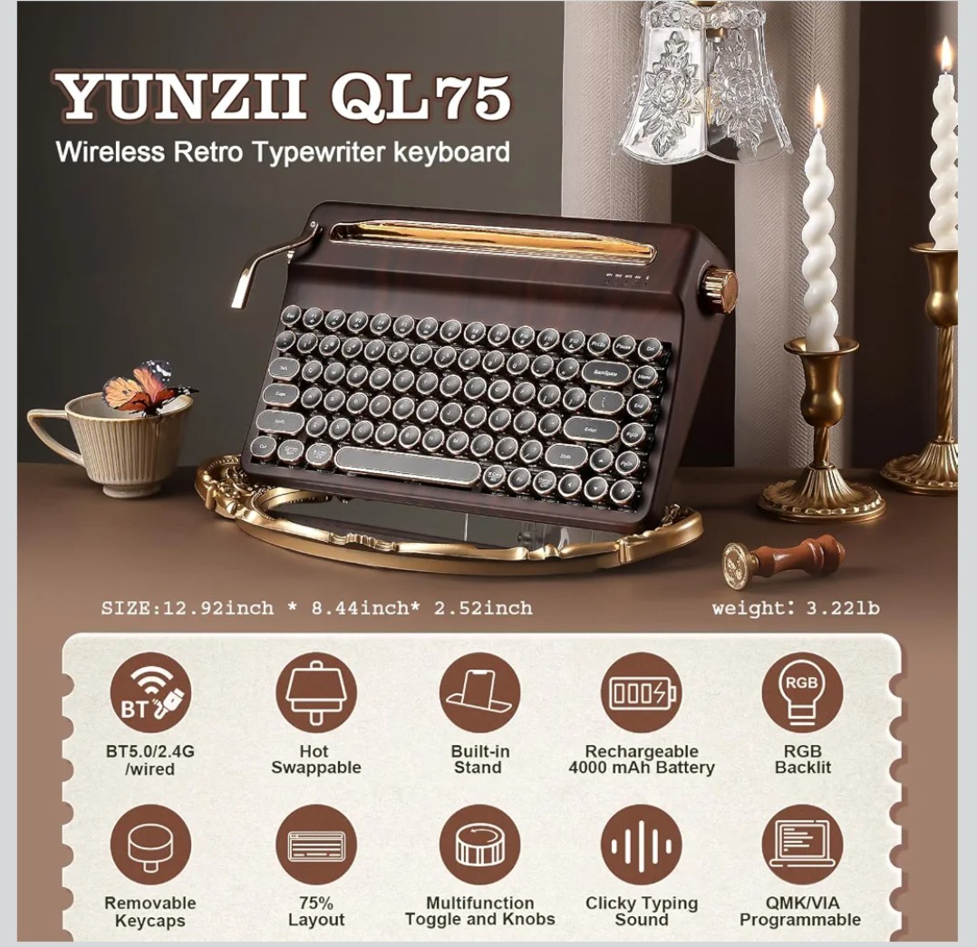 YUNZII QL75 Retro Typewriter Hot Swap RGB Keyboard Wood Onyx Switch