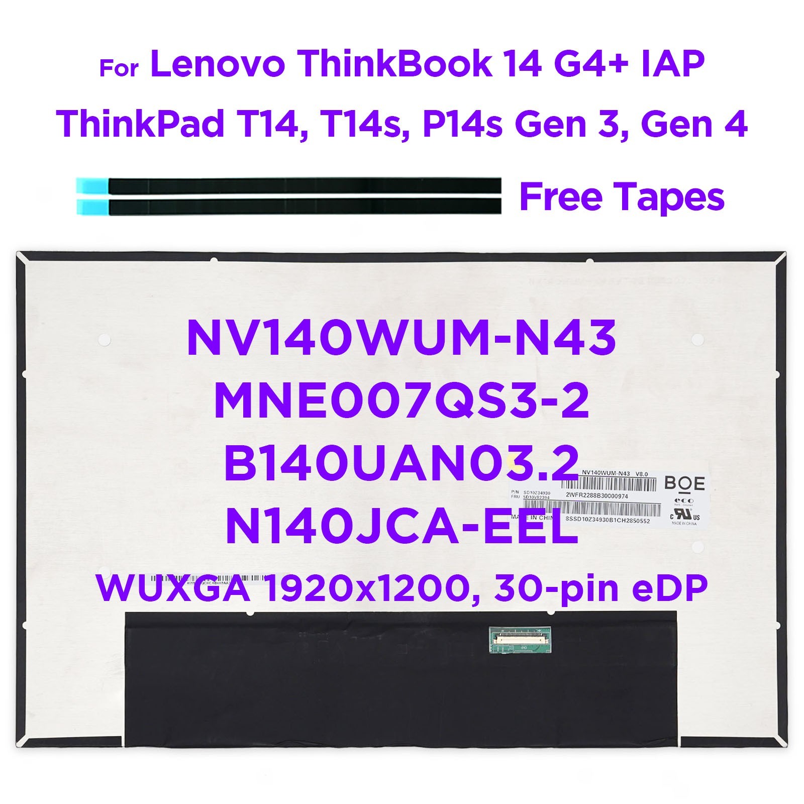 14.0" LCD Screen NV140WUM-N43 N140JCA-EEL  for ThinkPad T14 T14s P14s Gen3 Gen4