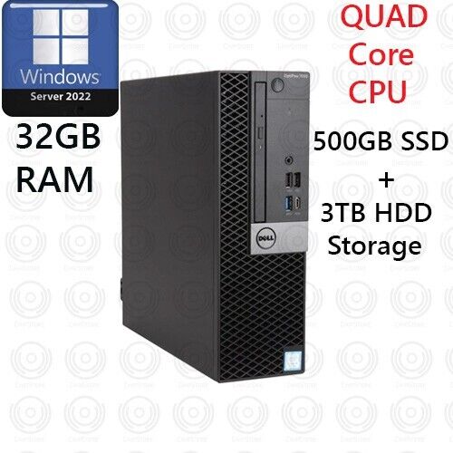 Dell Desktop Quad Core i7 500GB SSD+ 3TB 32GB RAM 50 RDS CALs Window Server 2022