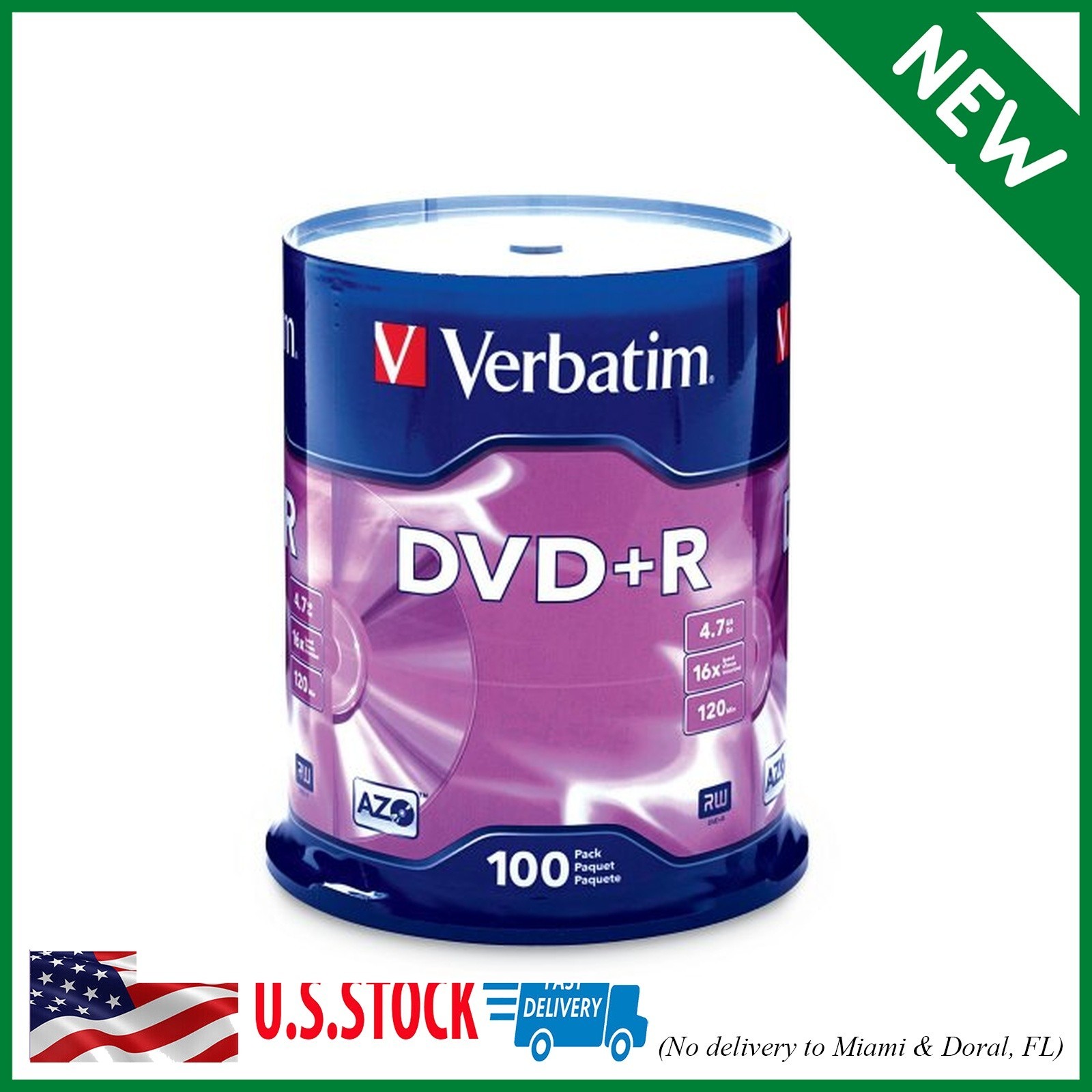 Verbatim DVD+R Blank Discs AZO Dye 4.7GB 16X Recordable Disc - 100 Discs Spindle