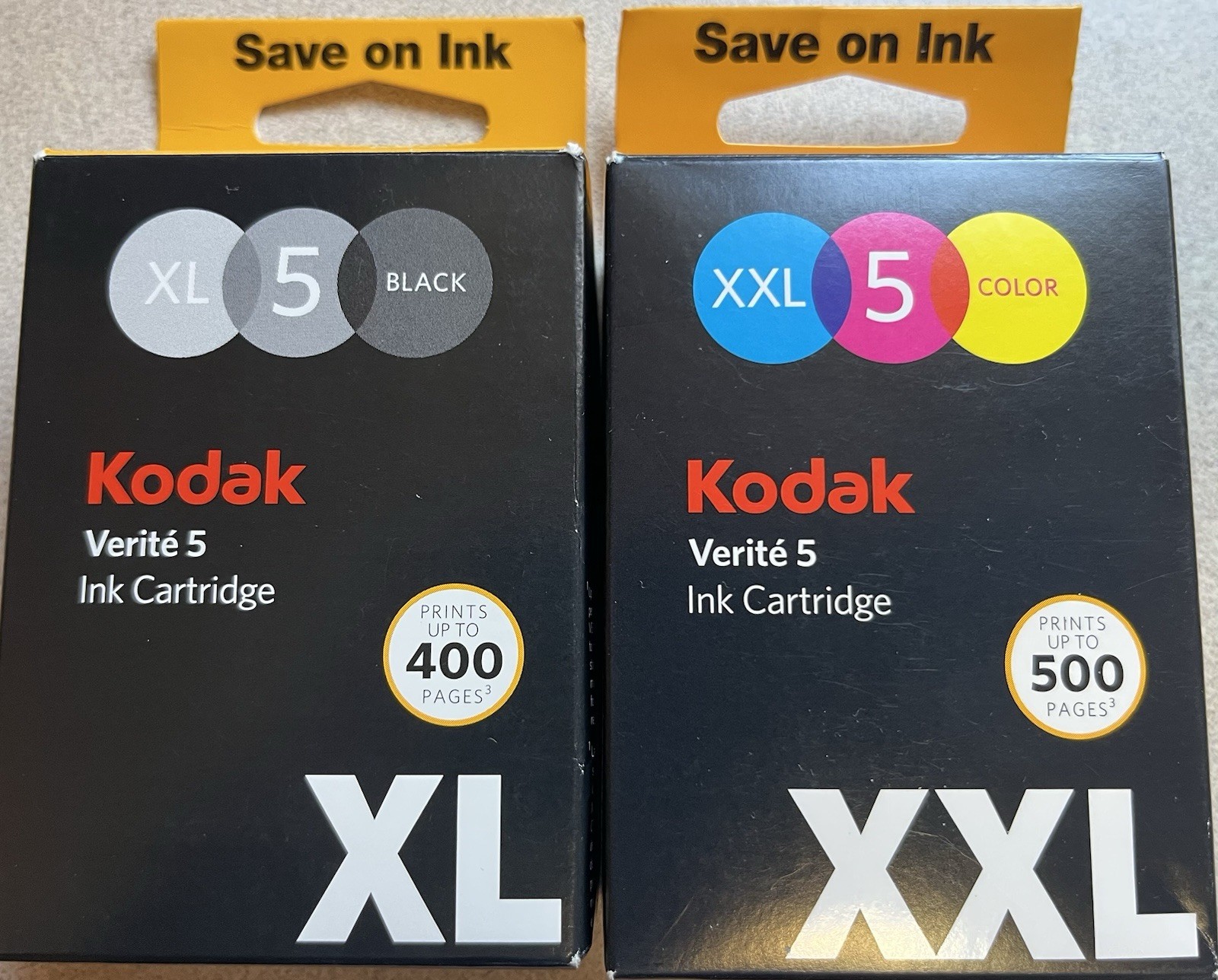 Genuine Kodak Verite Color XXL  (500 Pages) and Black XL (400) Ink Combo No Box