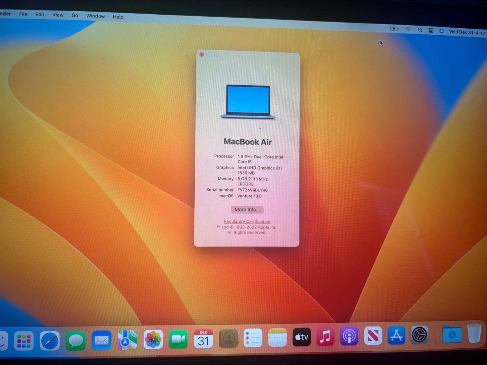 Apple MacBook Air 13"2019 A1932  i5 1.6GHz 8GB 128GB Silver Service Battery used