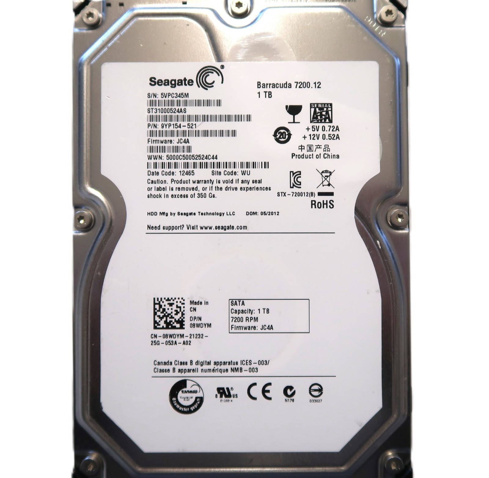Seagate ST31000524AS 9YP154-521 JC4A (5VPC) WU China 1.0TB 3.5" Sata MAY/2012