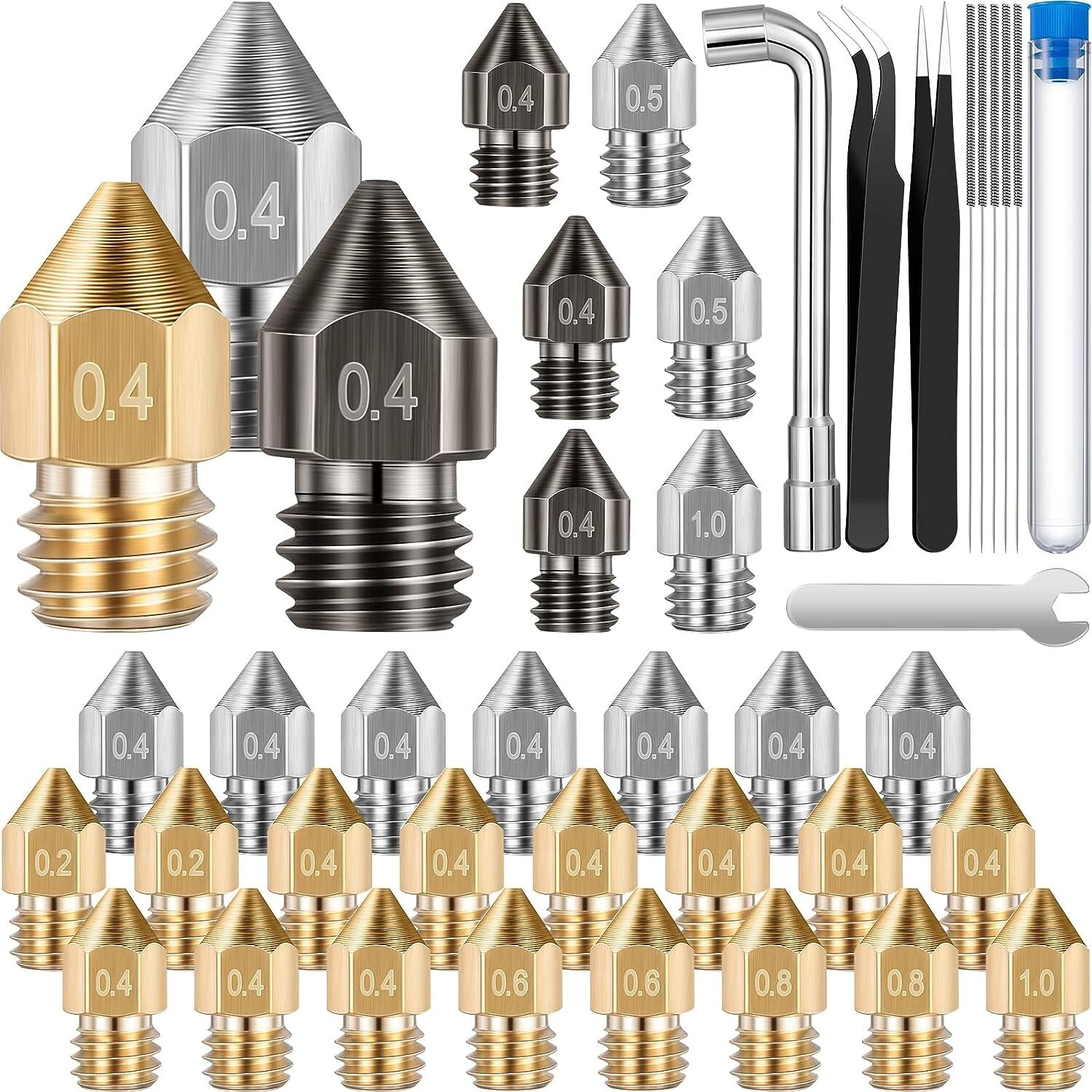 32PCS 3D Printer Nozzle Hardened Steel Stainless Brass W/Tool Cr-10 Ender 3 Pro