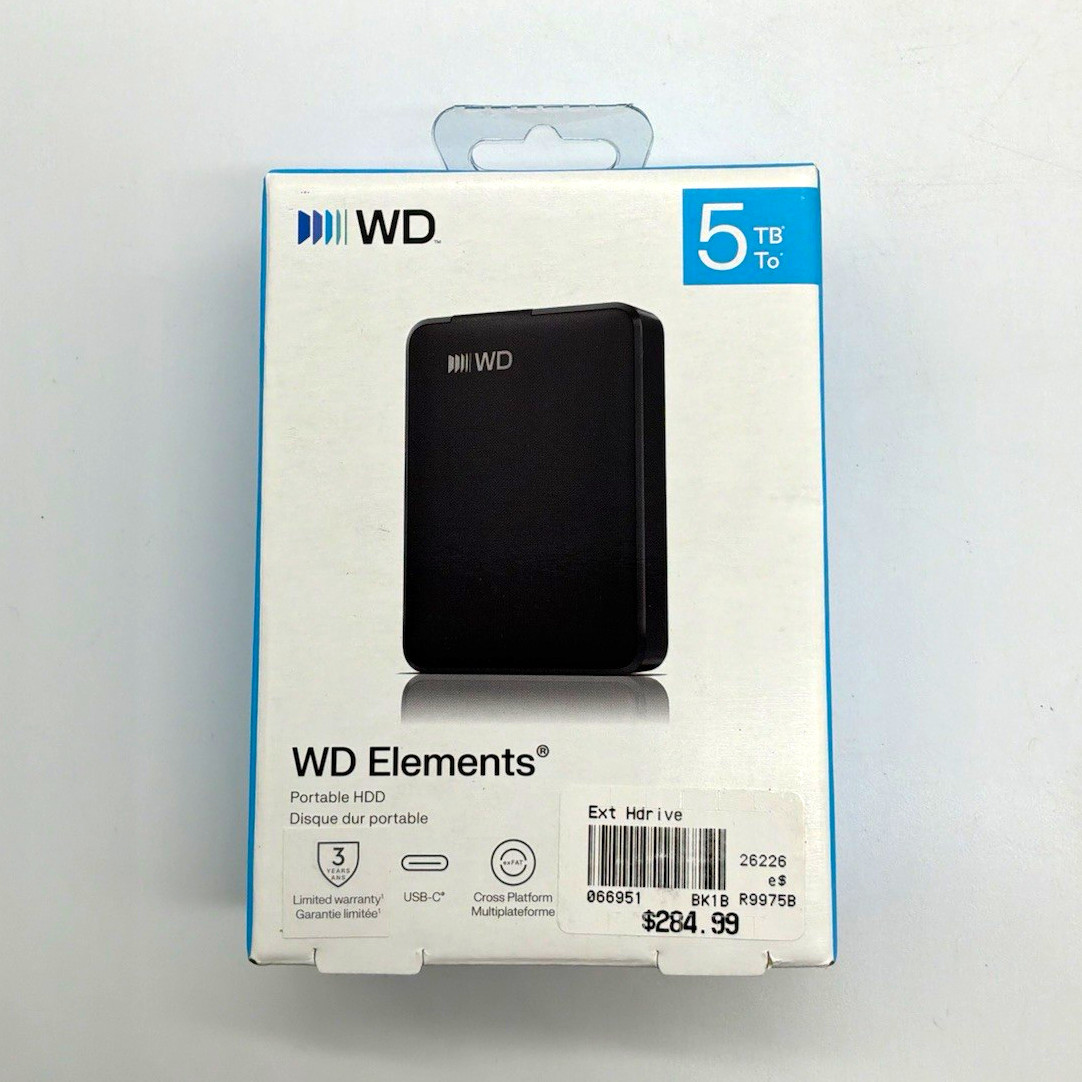 WD Elements 5TB Portable External HDD USB-C USB-Powered Black WDBLSS0050BBK