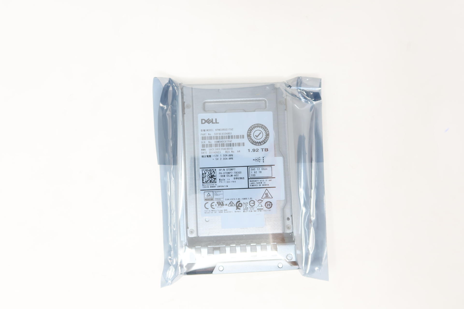 Dell 0TDNP7 TDNP7 Kioxia 1.92TB RI SAS 12Gb/s 2.5" SSD KPM5XRUG1T92 SDFBE85DAB01