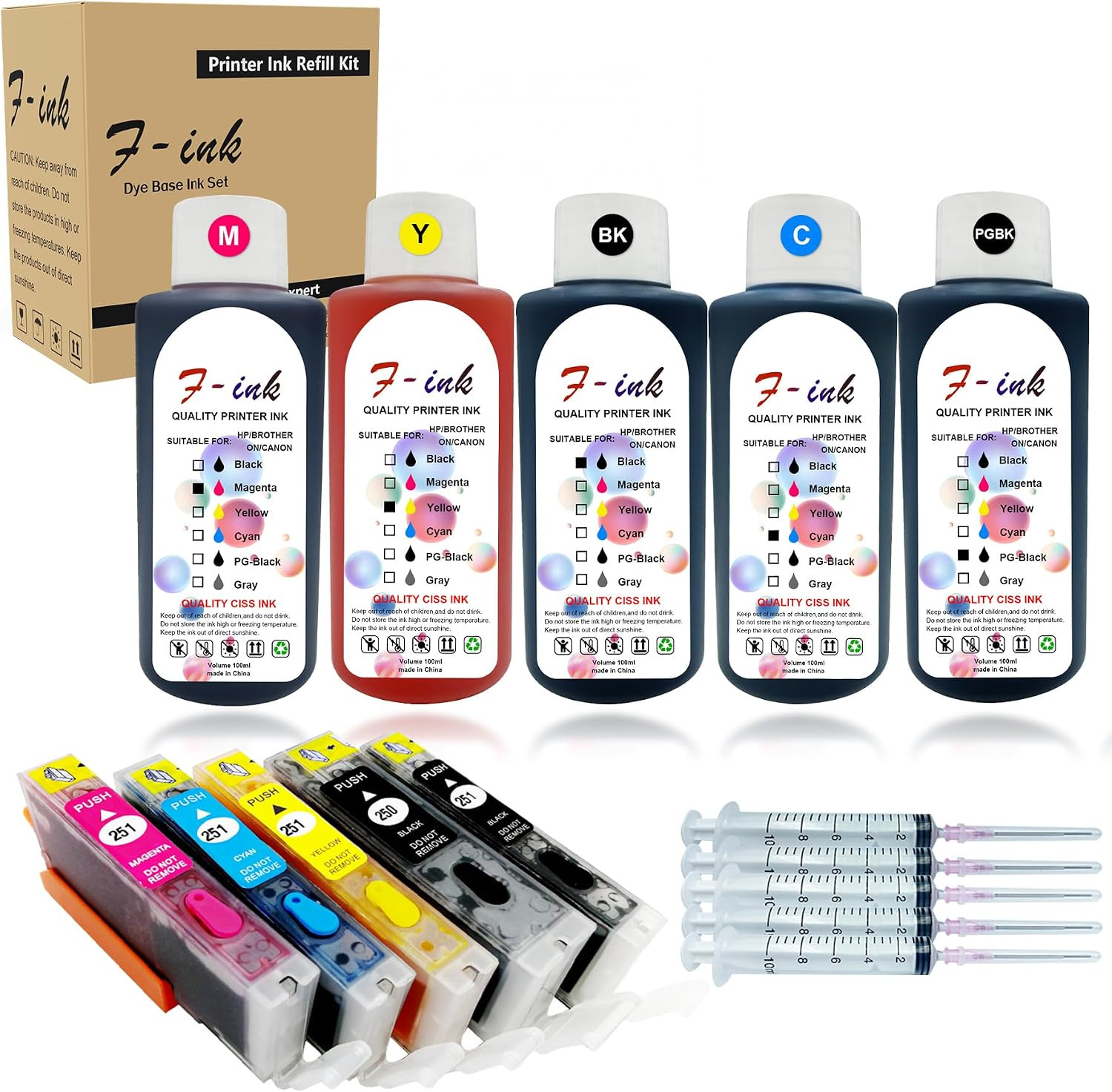 Refillable Ink Cartridges with 5 Dye Ink Bottles for Compatible Printers