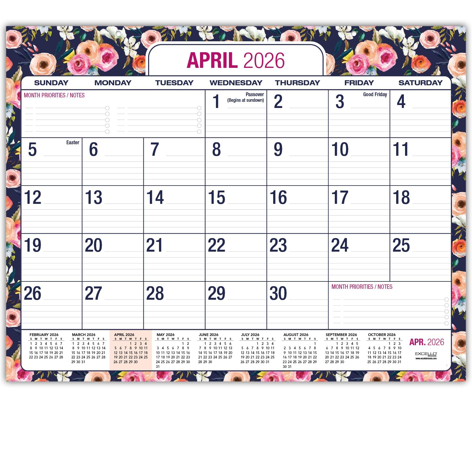 22" x 17" Large Print Desk Pad Calendar Apr 2026  Dec 2027 Small Navy Floral