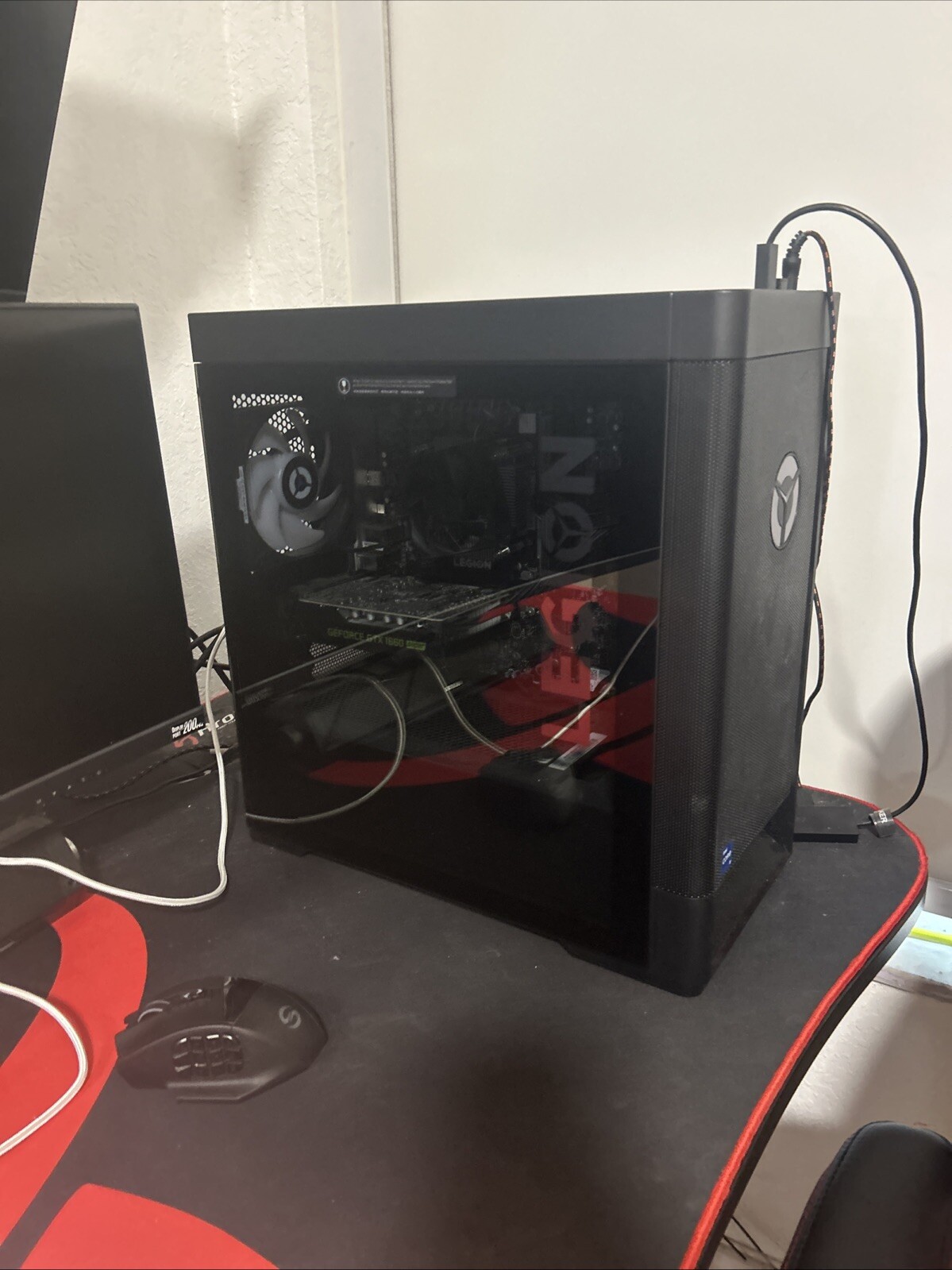 Pc, Gaming Chair, Desk, 2 Monitors, Keyboard, Mouse, And Mic