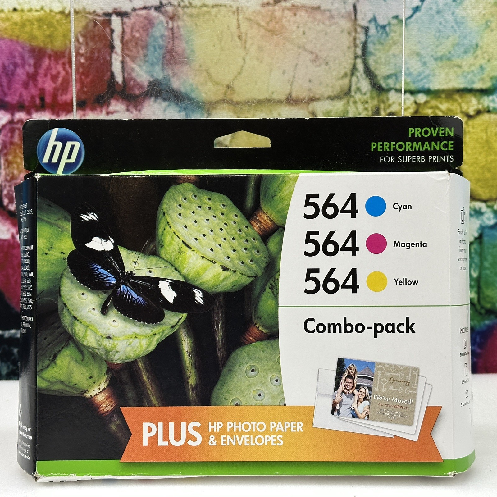 HP 564 Combo Pack Ink Cartridges Cyan Magenta Yellow Photo Paper Envelopes New