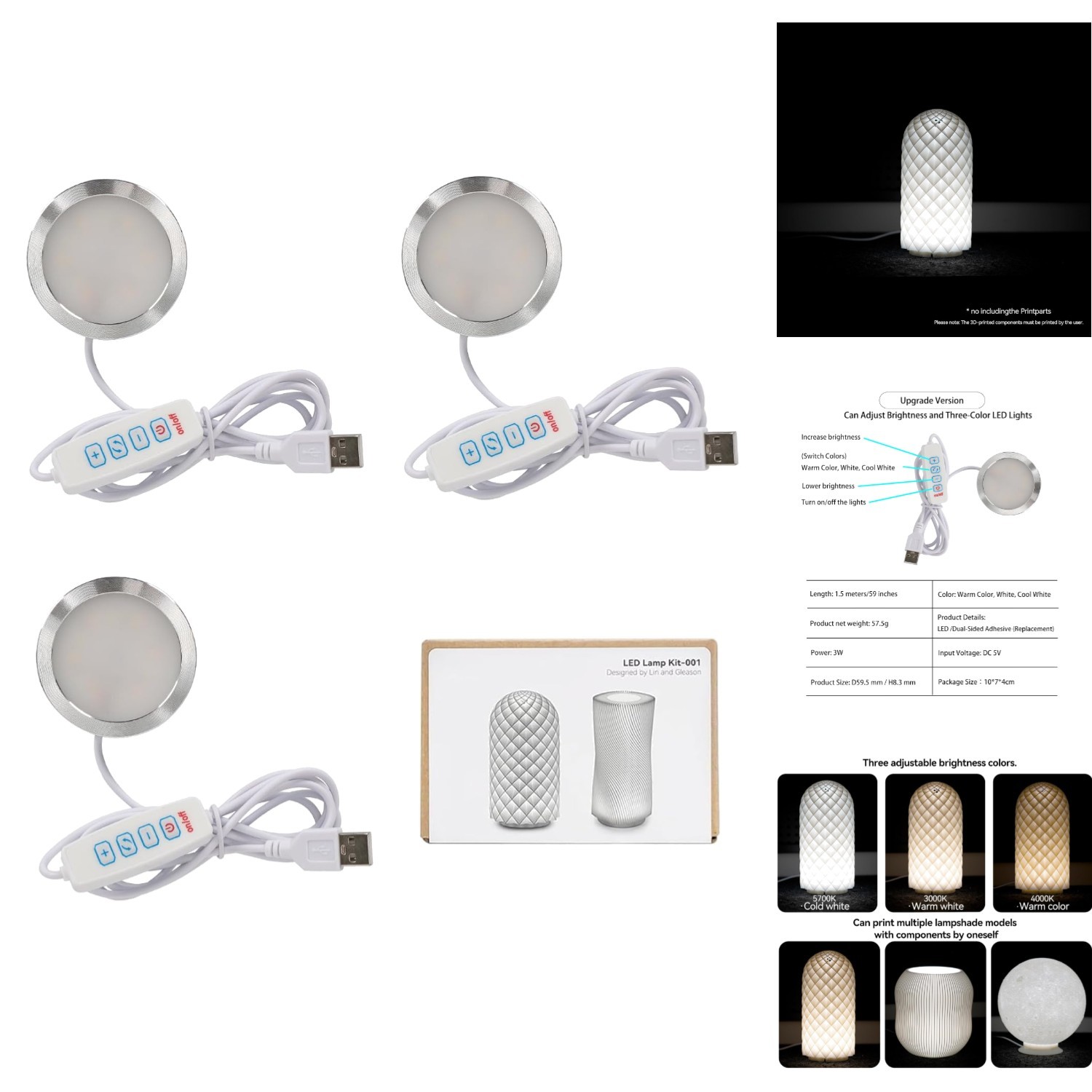 3PCS LED Lamp Kit for 3D Printer Customizable Warm White Cool Light DIY Hardware