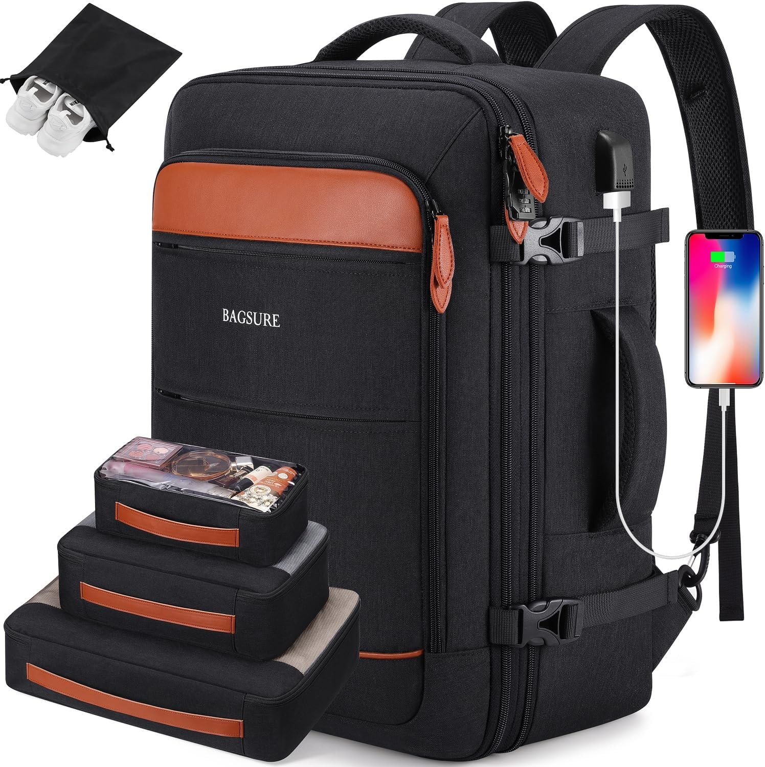Bagsure Travel Backpack Carry On Black-brown (Backpack With 4 Packing Cubes) 