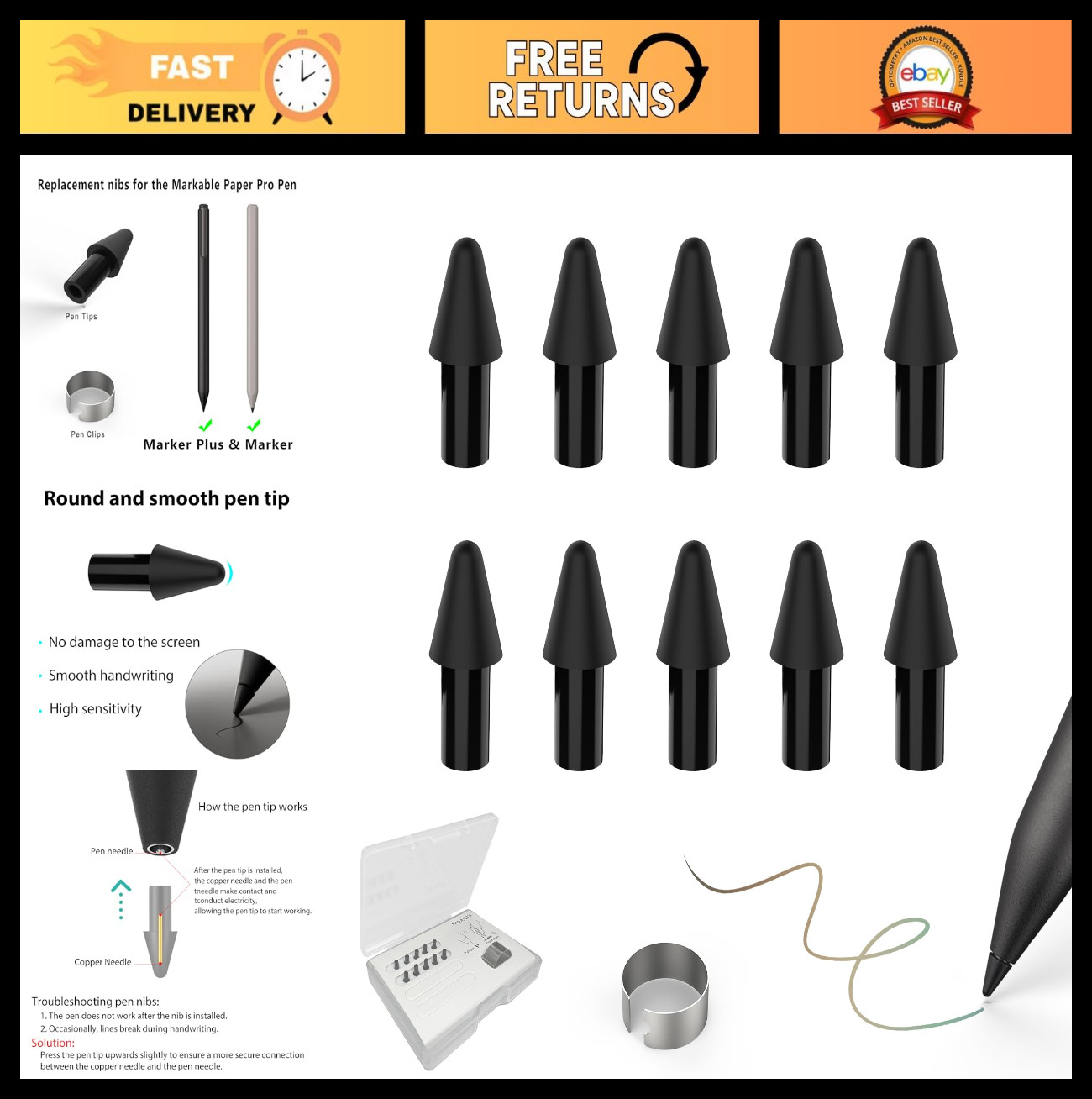 10pcs Replacement Tips for Remarkable Paper Pro Marker Pen - Black Nibs 10-Pack