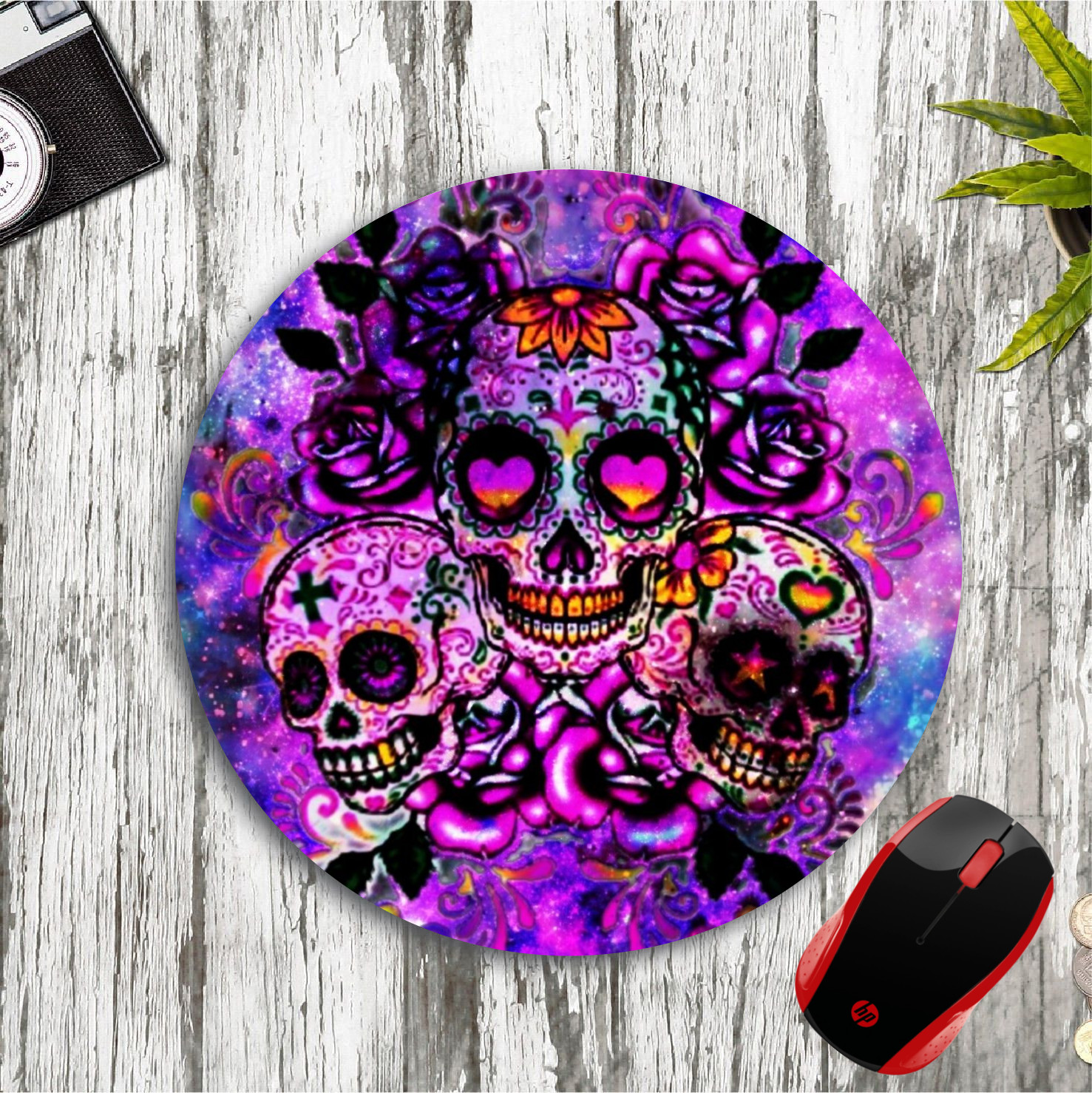 SUGAR SKULLS GALAXY ROSES ROUND NEOPRENE MOUSE PAD MAT HOME SCHOOL OFFICE GIFT