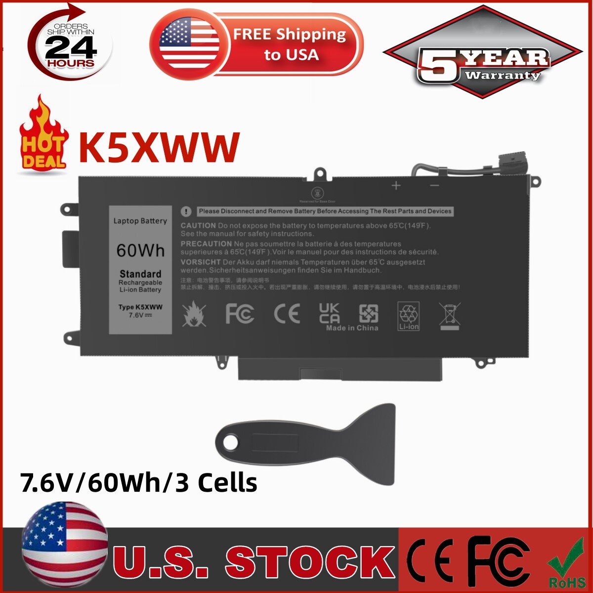 Lot K5XWW Battery for Dell Latitude 5289 7389 7390 2-in-1 Latitude E5289 L3180