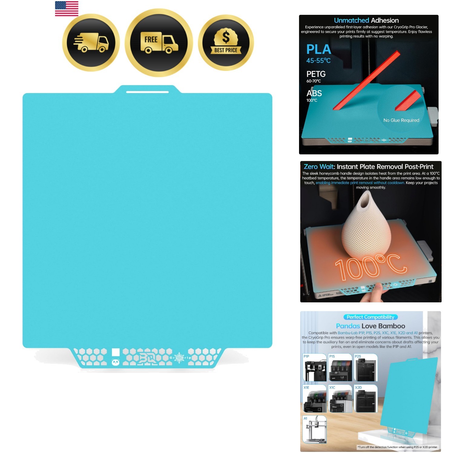 CryoGrip Pro Glacier 257x257mm Panda Build Plate for Bambu-Lab P1S/P1P/P2S/X1...