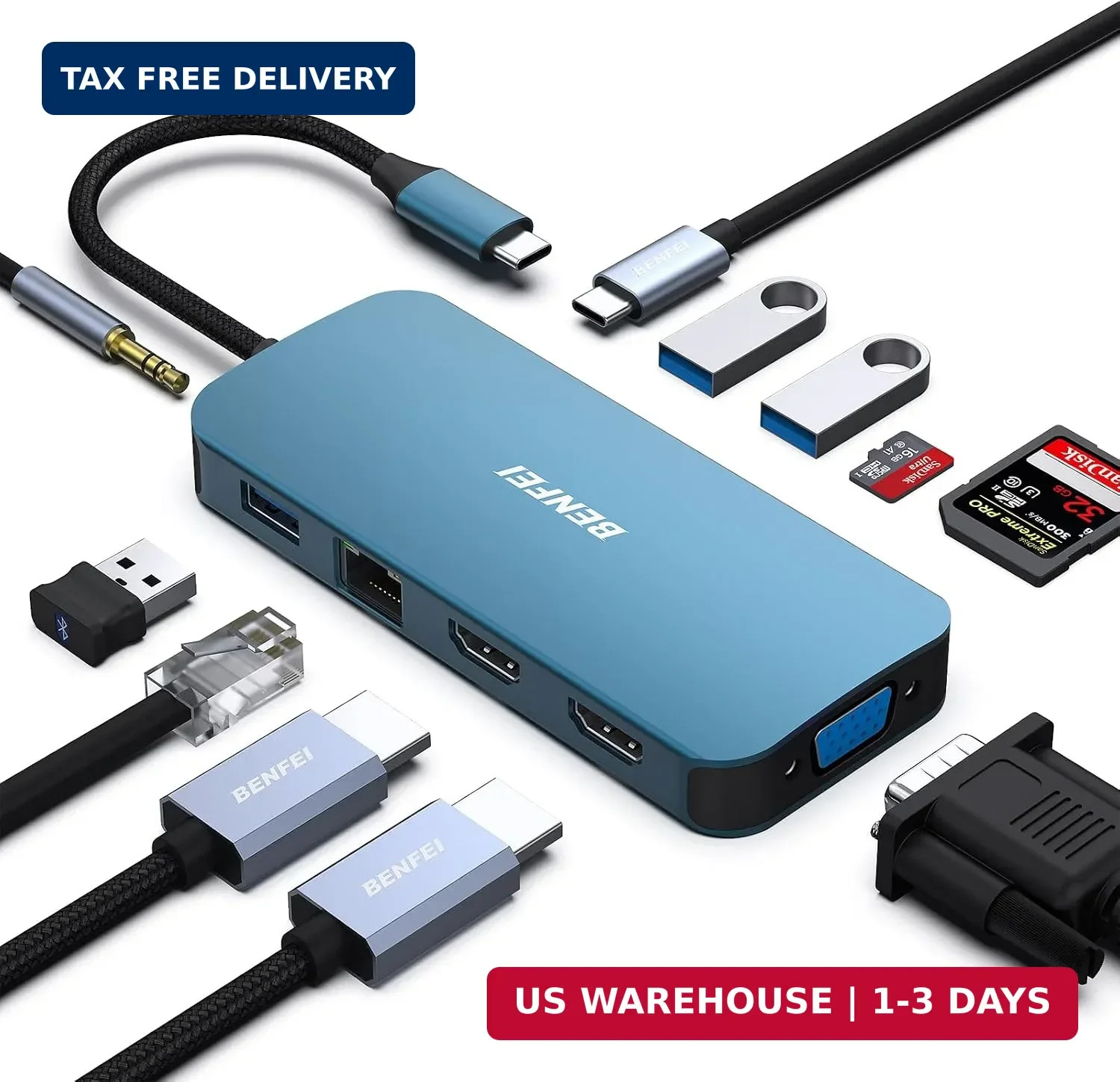 BENFEI 11-in-1 USB C Hub Triple Display Docking Station Dual HDMI, VGA