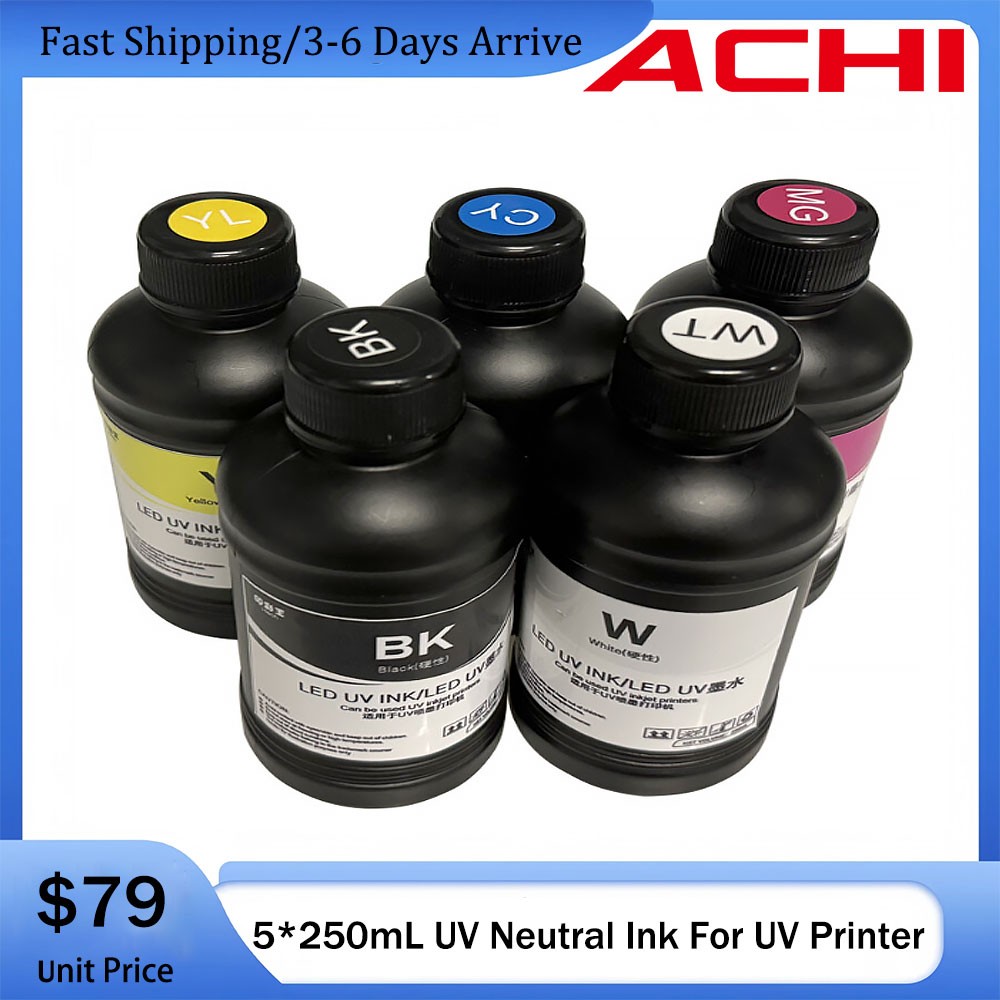 ACHI 5*250ml UV Neutral INK For Epson 1390/L800 UV Printer Supply Pack CMYKW US
