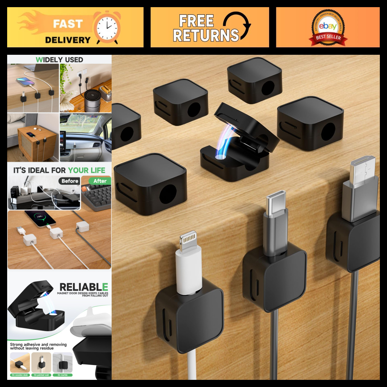 Magnetic Cable Clips - 9 Pack, Black, Organize Cords, Tidy Up Workspace