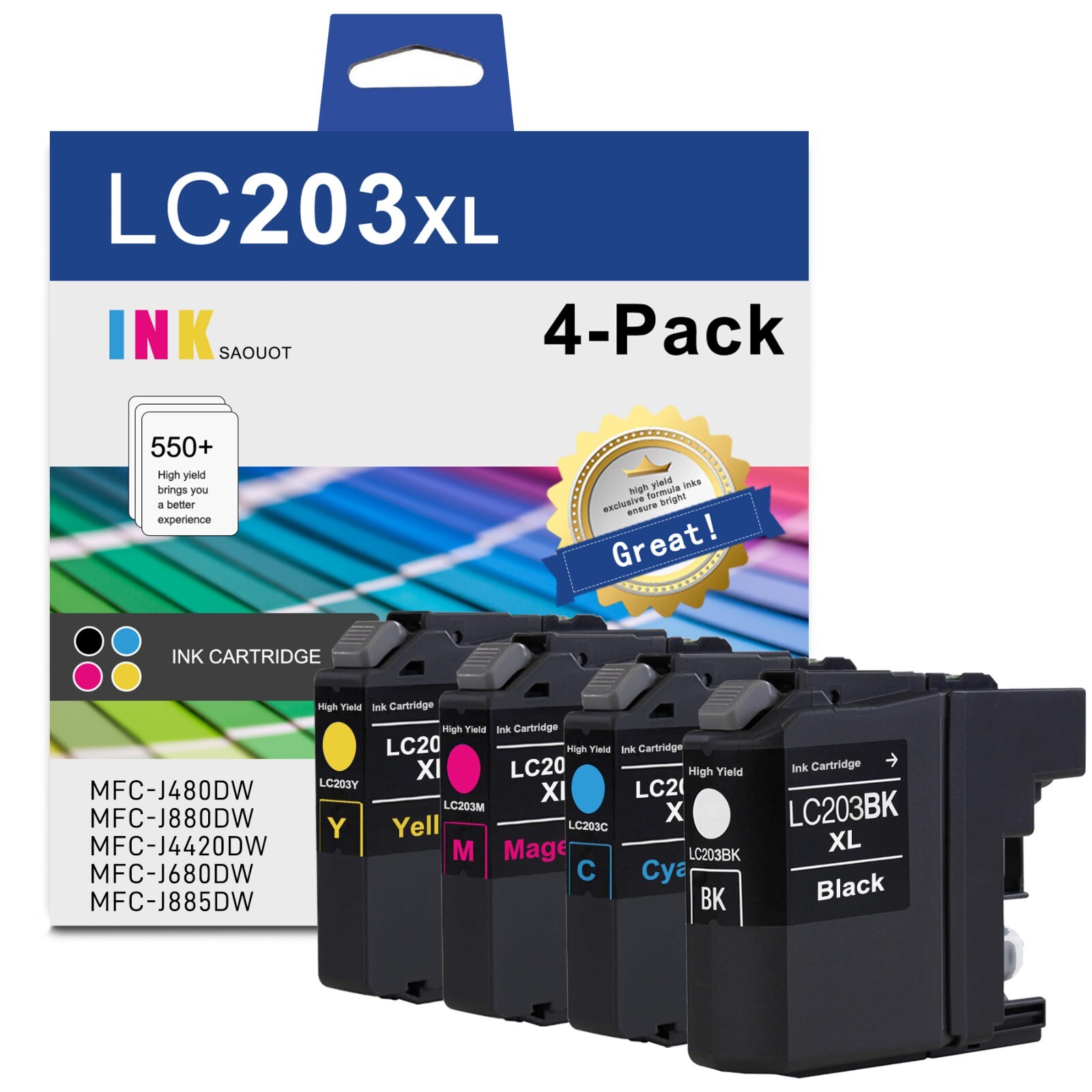 4PK LC203 LC-203XL Ink Combo For Brother LC201 MFC-J460DW MFC-J480DW MFC-J485DW