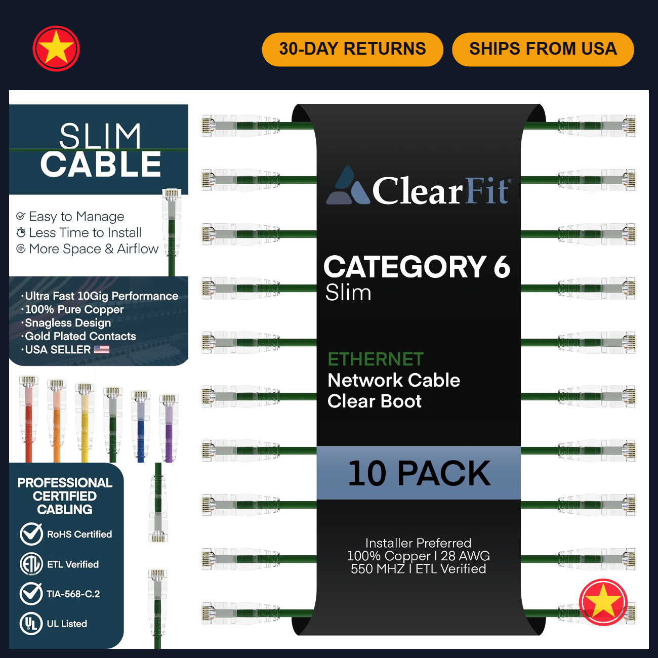 Slim 10-Pack Cat6 Ethernet Cables, 2 Ft Green, 28AWG High-Speed Network Patch Co