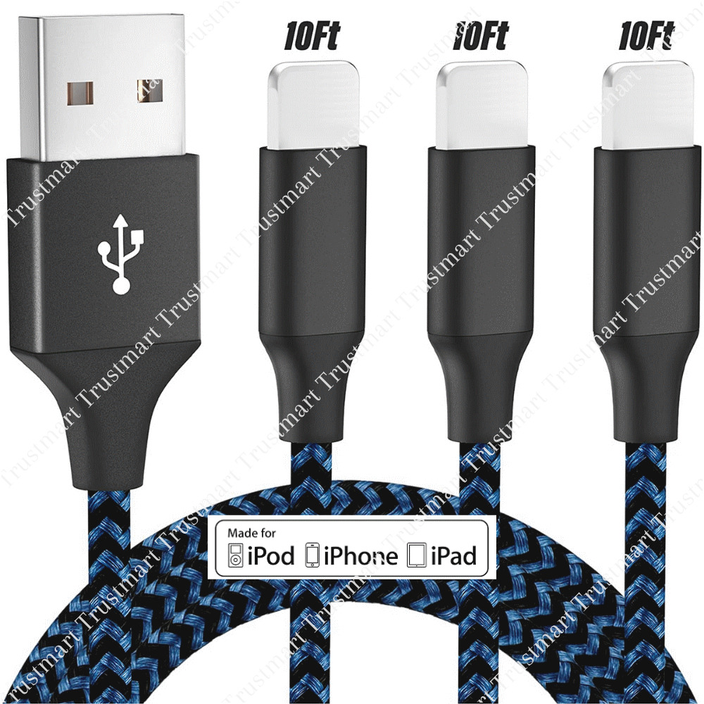 3Pack Braided Heavy Duty USB Fast Charger Cable 10FT For iPhone 11 X XR 8 7 5 SE