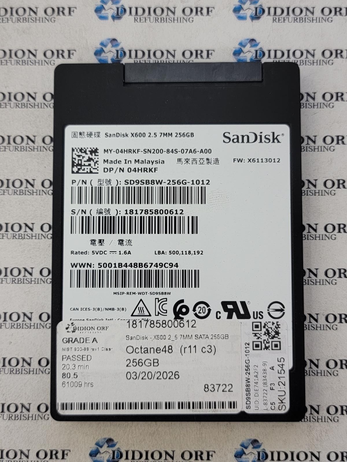 SANDISK X600 256GB 2.5" SATA SSD SD9SB8W-256G-1012, Grade A SKU 21545
