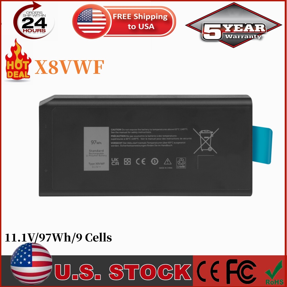 ✅LOT 10 X8VWF 97WH BATTERY FOR DELL LATITUDE 14 RUGGED 5404 5414 E5404 7404 7414