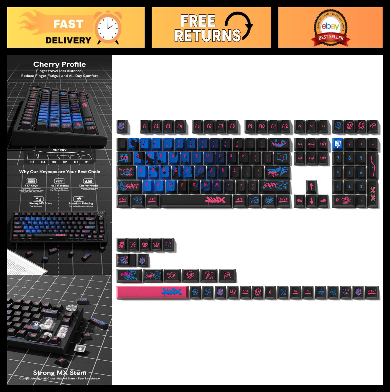 Jinx Theme PBT Keycap Set for Mechanical Keyboards - Cherry Profile, 137 Keys, H