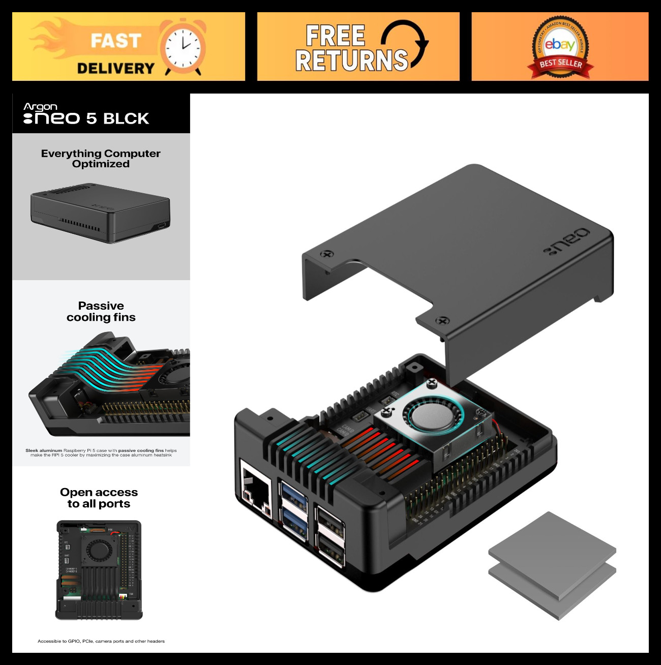 Aluminum Case for Raspberry Pi 5 with Built-in Fan - Black, Durable & Stylish