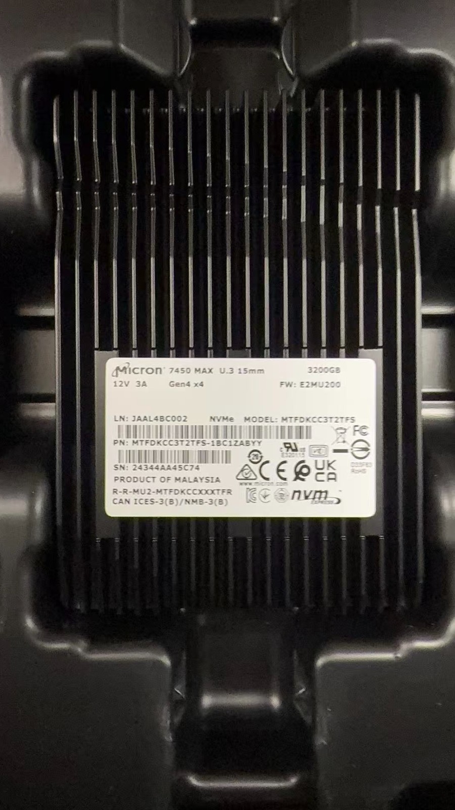 New Micron MTFDKCC3T2TFS-1BC1ZABYY 7450 MAX 3.2TB NVMe Gen4x4 U.3 15mm SSD