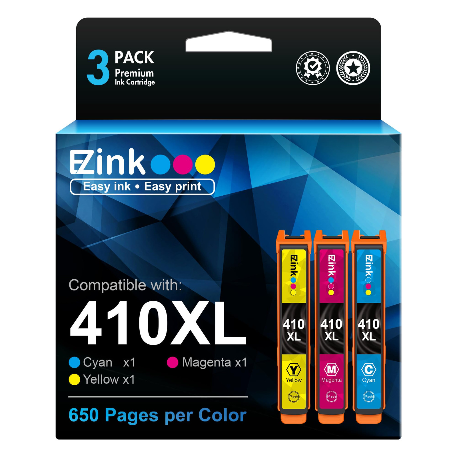 EZ Ink Replacement Cartridges for Epson 410XL Cyan Magenta Yellow 650 Pages