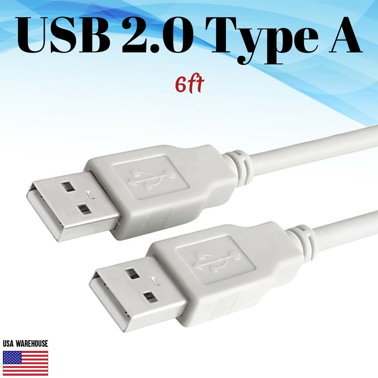 6ft USB 2.0 Type A Male to A Male White Cable - High Speed Data Transfer Charger