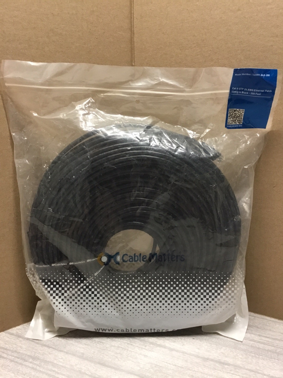 Cable Matters Cat 6 UTP 24 AWG Ethernet Patch Cable 200 Ft- Black- NEW