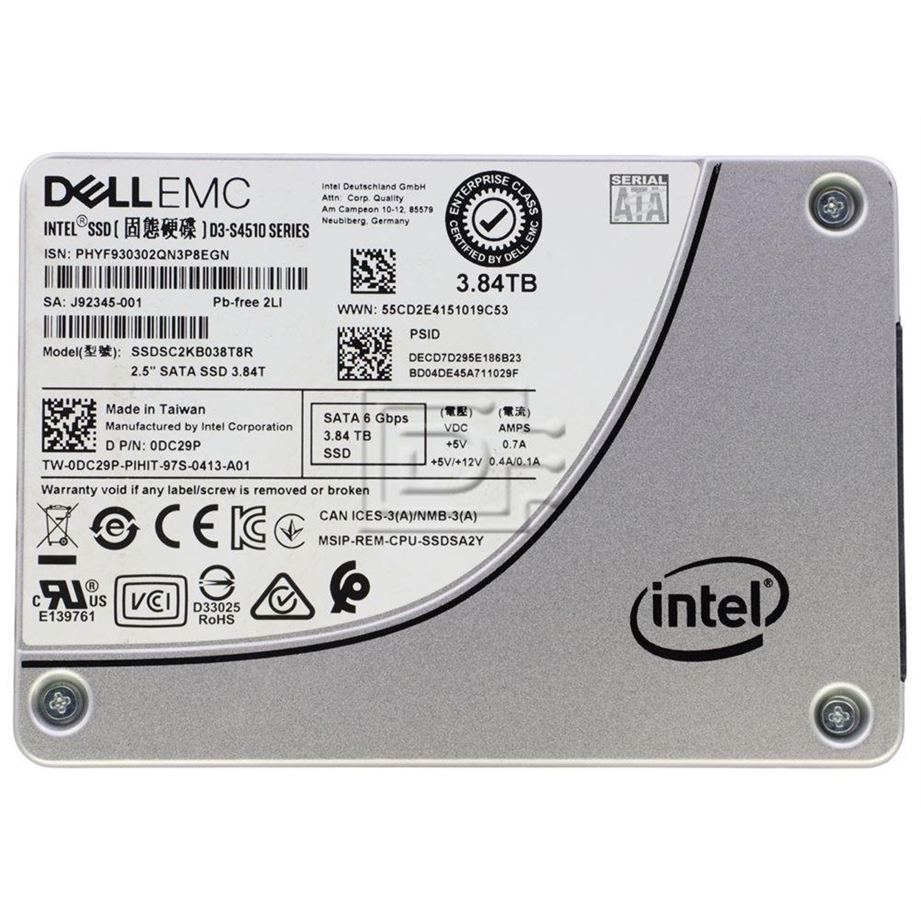 Intel SSDSC2KB038T8R 2.5" 3.8TB  Solid State Drive (SSD), Silver
