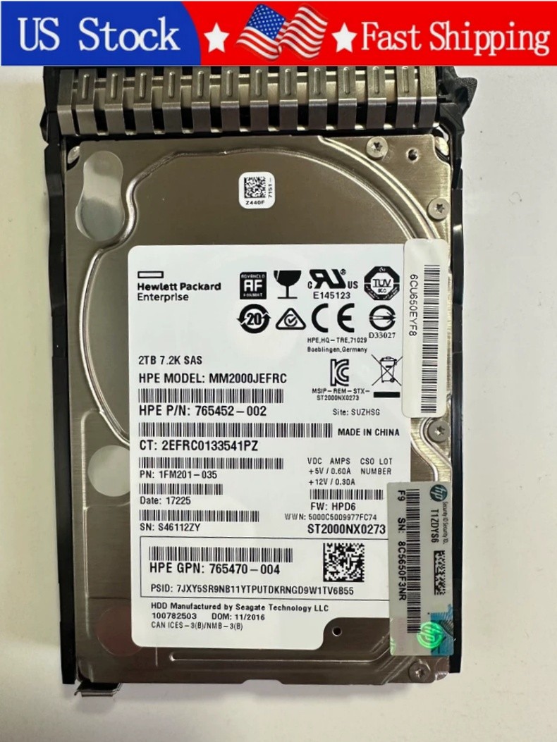 HP 765466-B21 2TB 12G SAS 7.2K RPM 2.5" 512E HDD 765452-002 765873-001