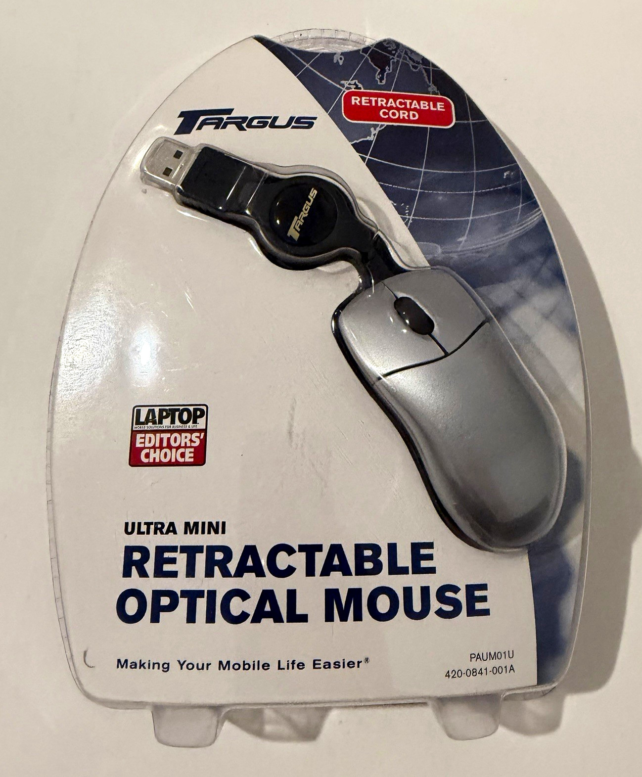 Targus Mini Retractable Cord USB Wired Optical Mouse 800 DPI 3-Button Silver